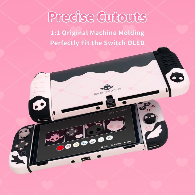 GEEKSHARE Protective Case for Switch OLED Model,Anti-Scratch Slim Cover Case Compatible with Switch OLED Separable Soft Silicone Shell with 2 Thumb Grip Caps- Sweetheart Skull - Image 2